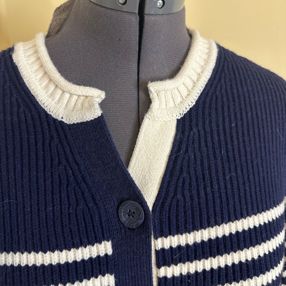 NWT Anthropologie Maeve blouson sleeve button up cardigan navy and white - Picture 9 of 17